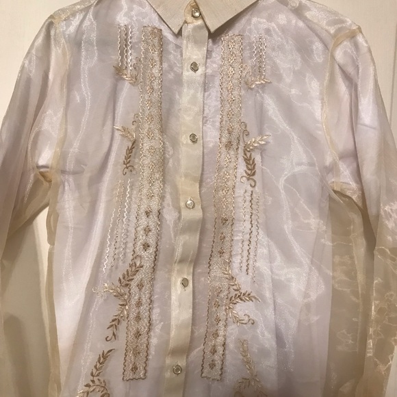 Plus size- Men’s Beige Pina Organza Barong Tagalog Full open with embroidery - Picture 7 of 11